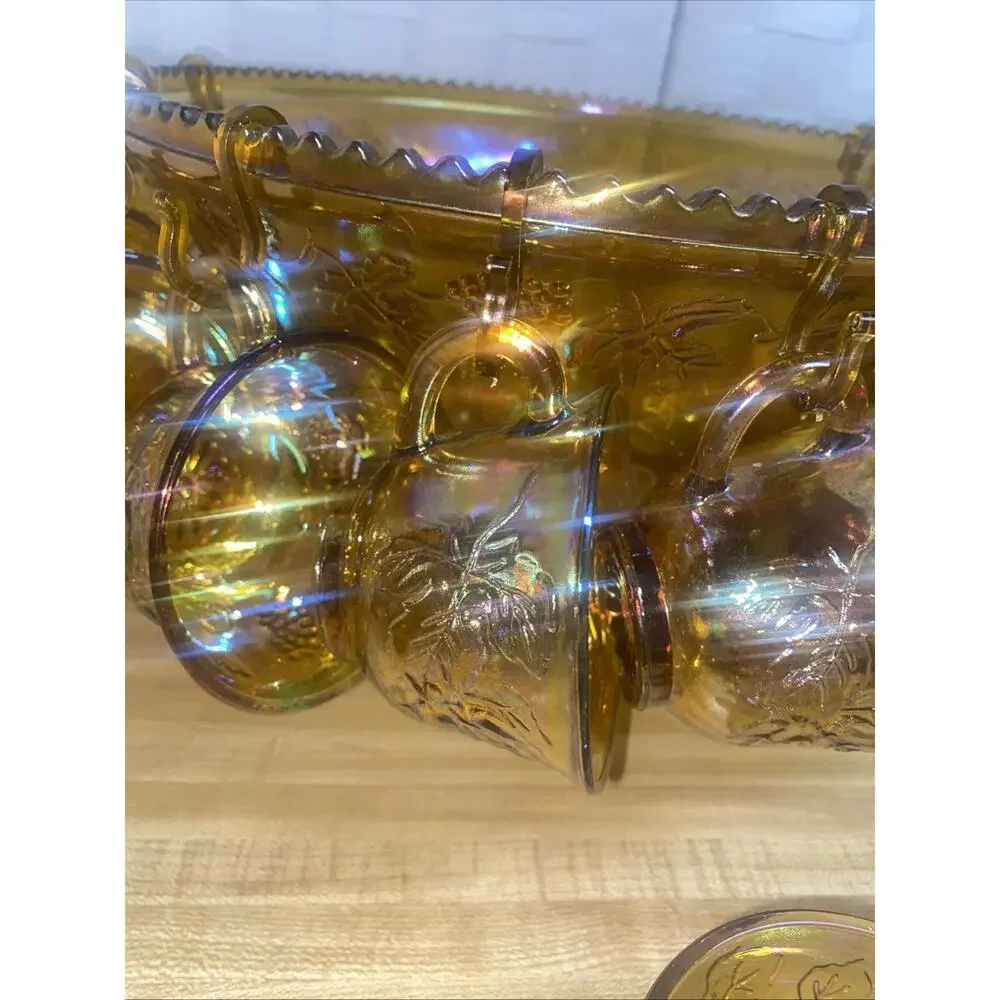 60s 70s Indiana Glass Iridescent Marigold Carnival Glass Punch Bowl 12 Cup Set